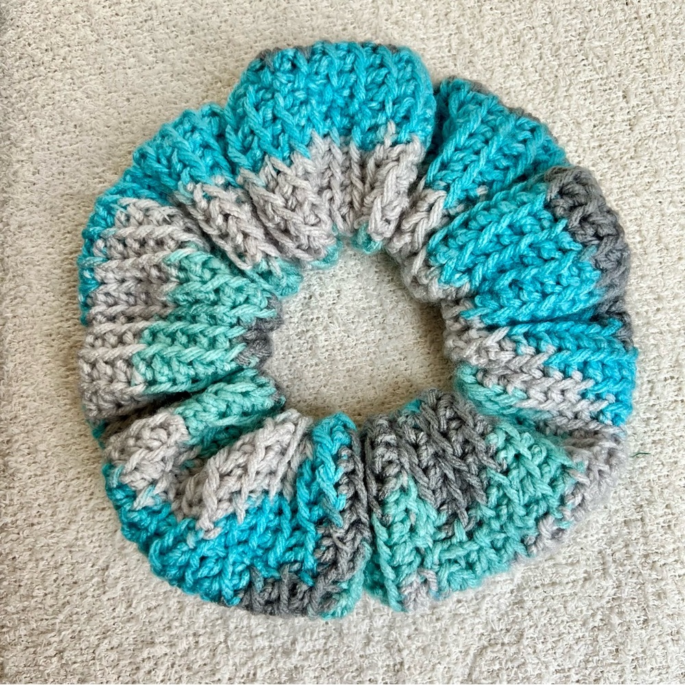 Oversized Crochet Scrunchie For Thick Hair, Blue & Gray 100% Acrylic